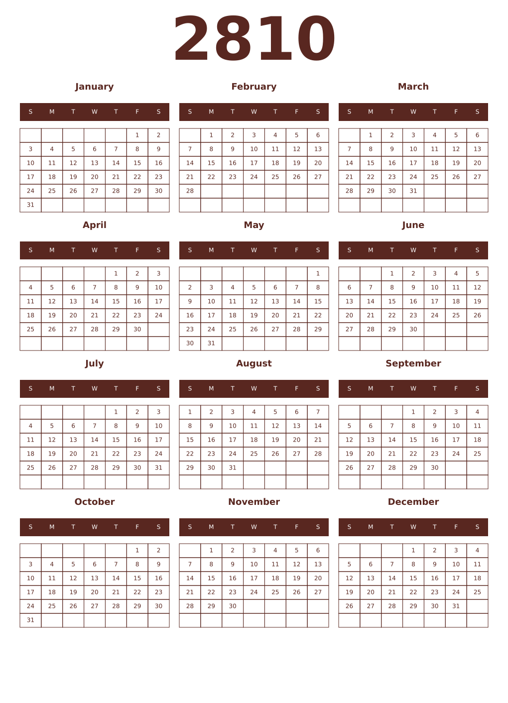 Printable 2810 Year Calendars mortuum