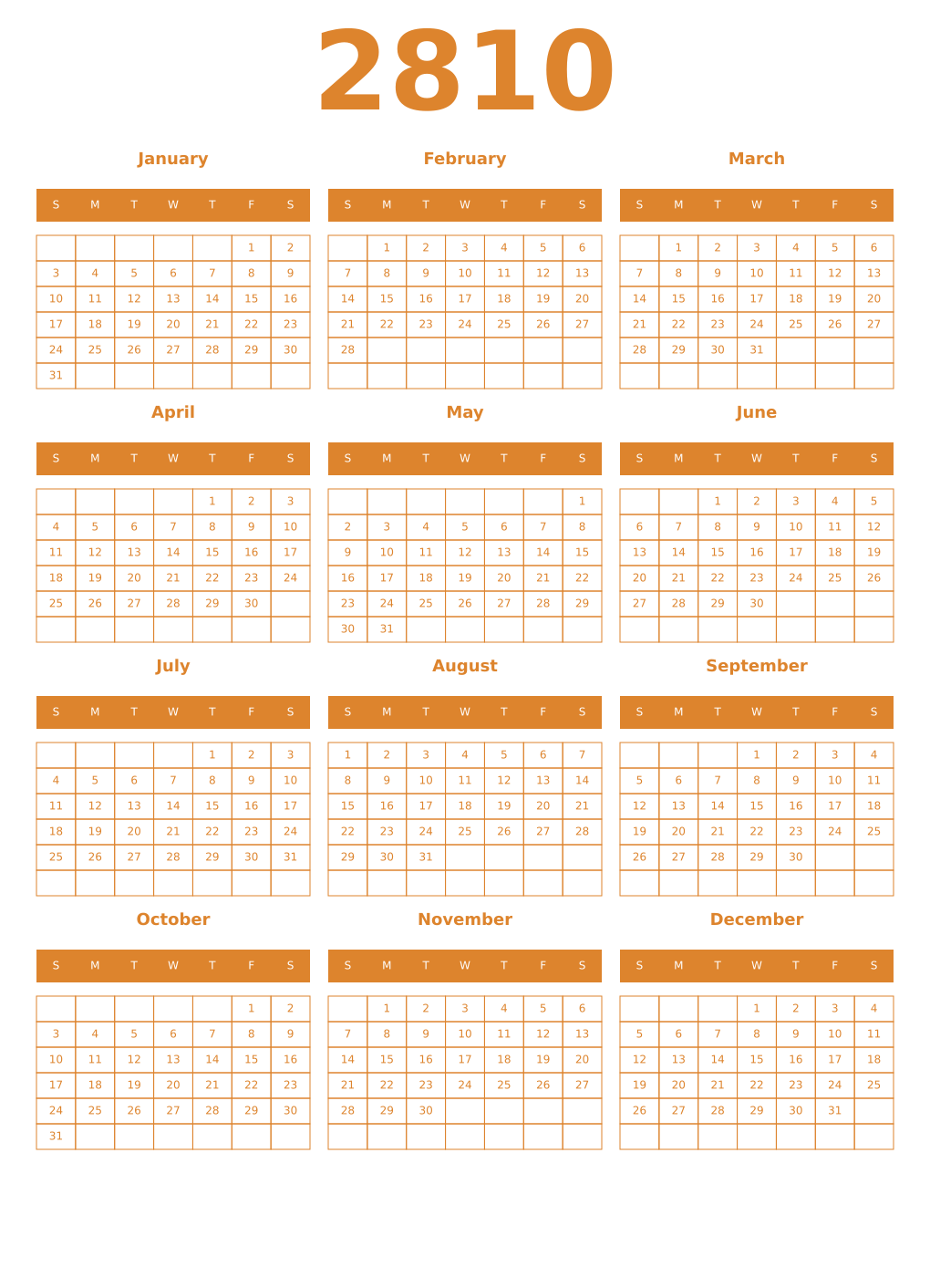 Printable 2810 Year Calendars orange