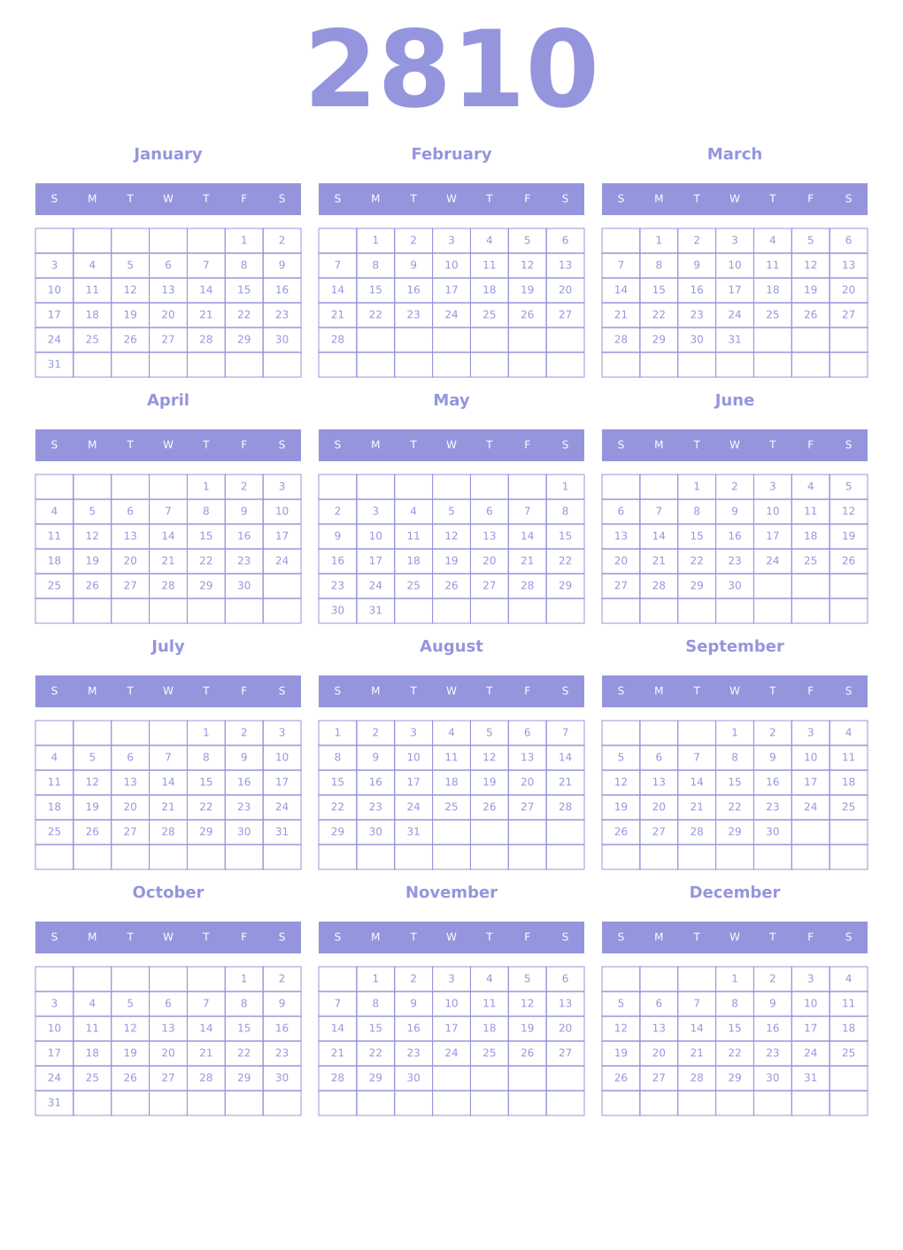Printable 2810 Year Calendars periwinkle