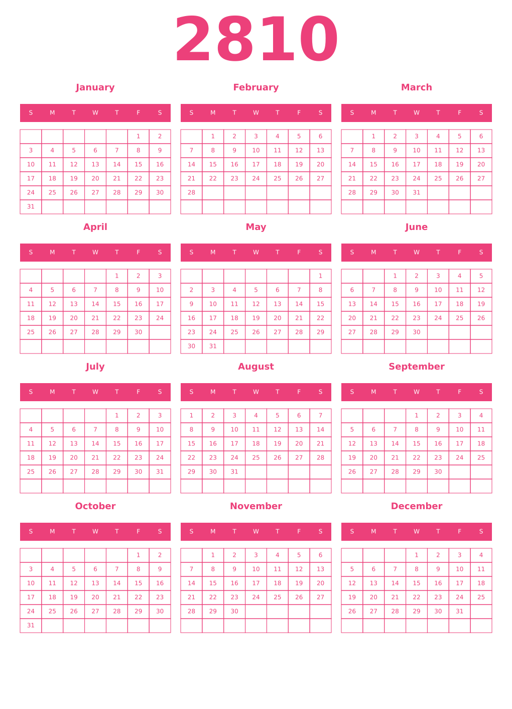 Printable 2810 Year Calendars pink