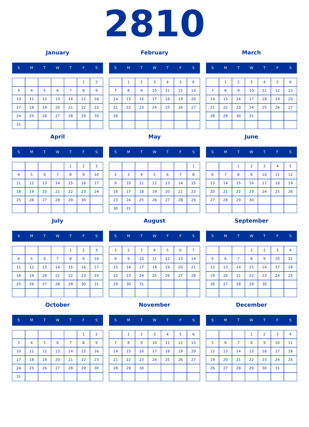 Printable 2810 Year Calendars smalt