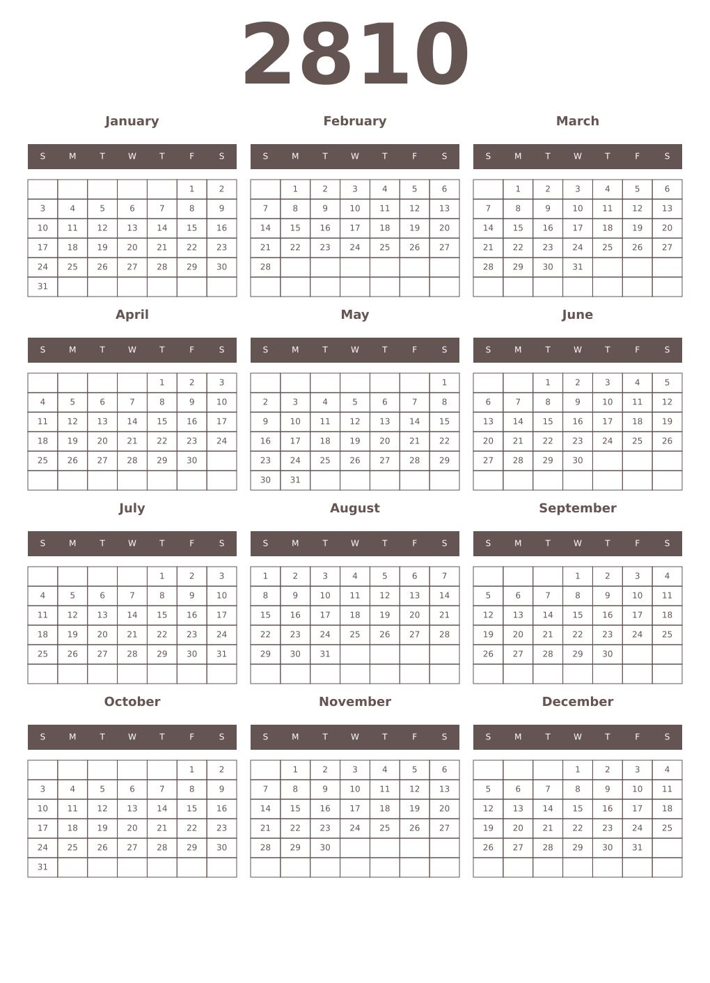Printable 2810 Year Calendars wenge