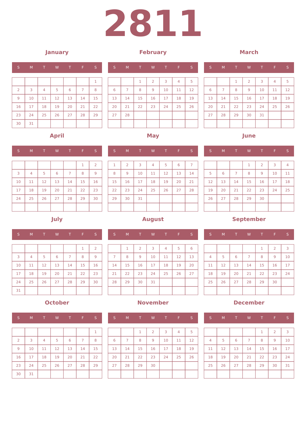 Printable 2811 Year Calendars puce