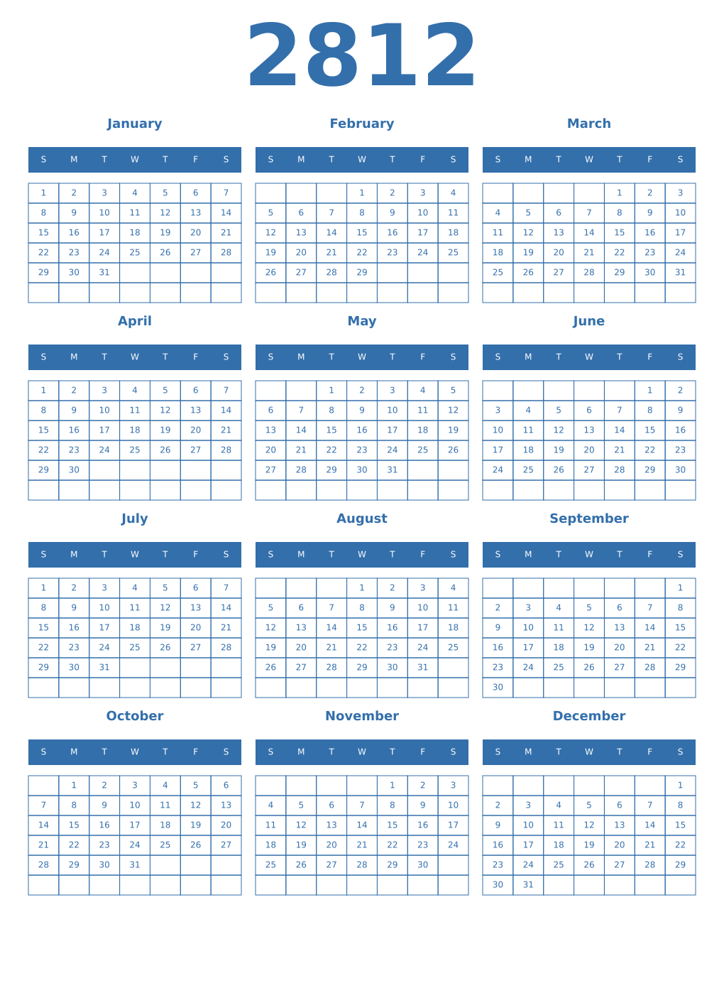 Printable 2812 Year Calendars blue