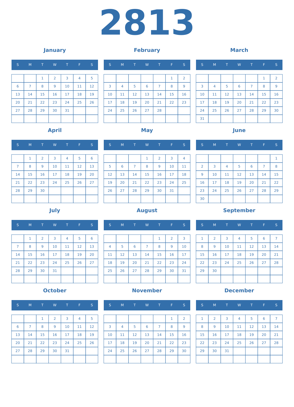 Printable 2813 Year Calendars blue