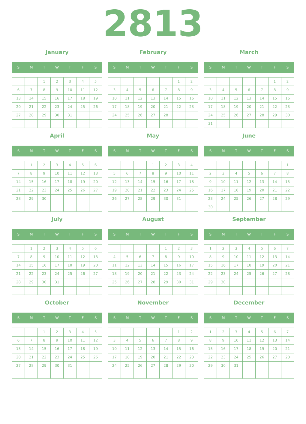 Printable 2813 Year Calendars celadon