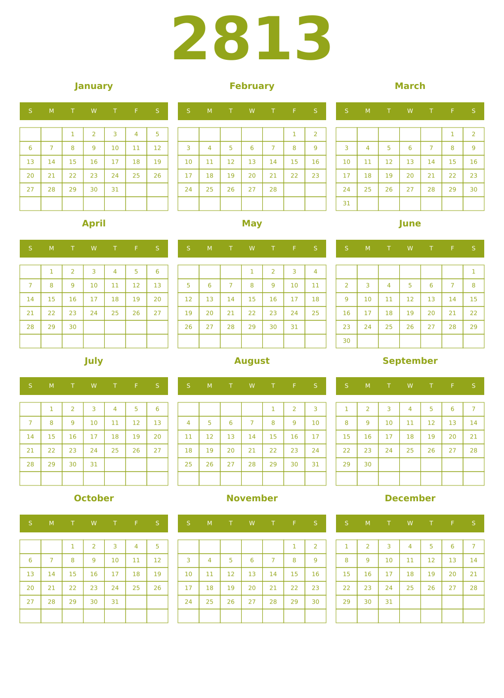 Printable 2813 Year Calendars chartreuse