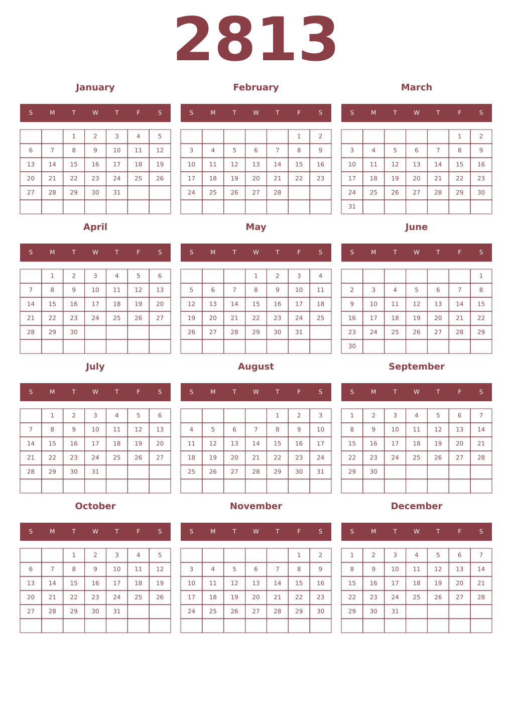 Printable 2813 Year Calendars cordovan