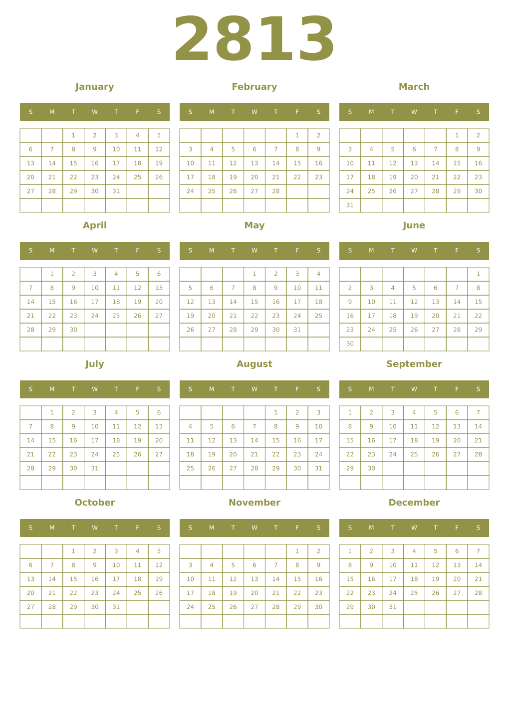 Printable 2813 Year Calendars eburnean