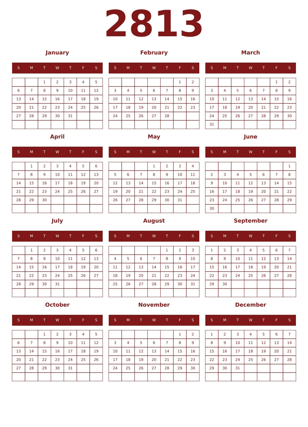 Printable 2813 Year Calendars falu