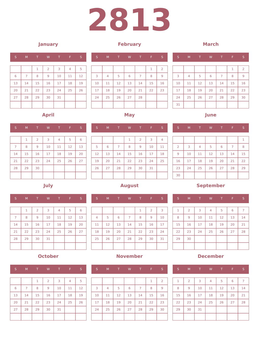 Printable 2813 Year Calendars puce