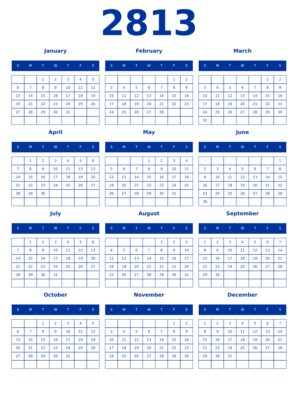Printable 2813 Year Calendars smalt