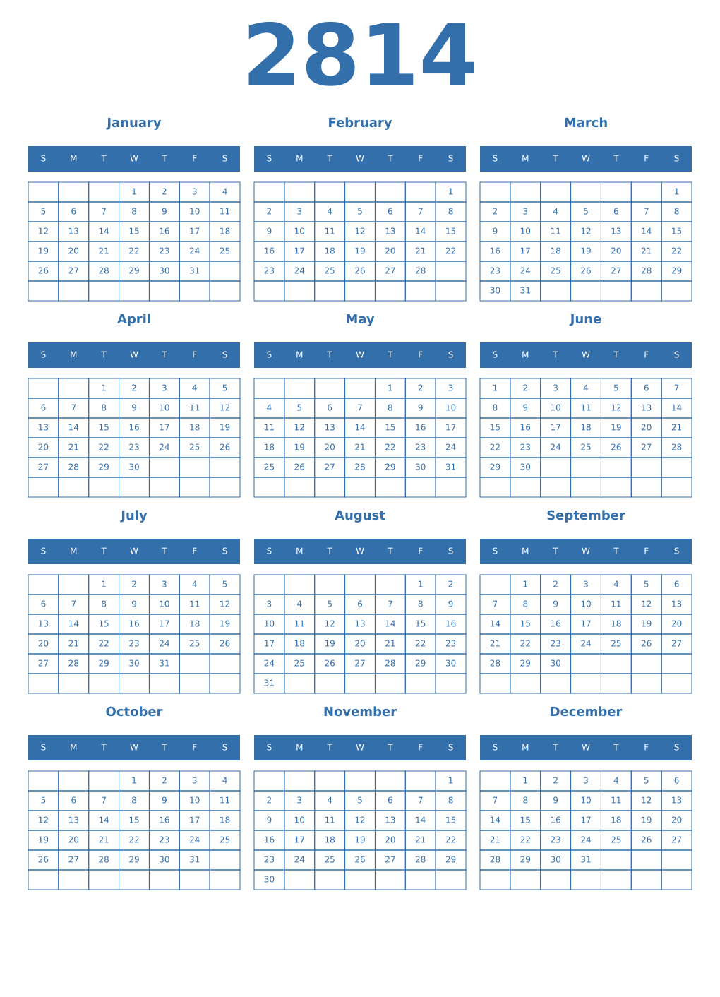 Printable 2814 Year Calendars blue