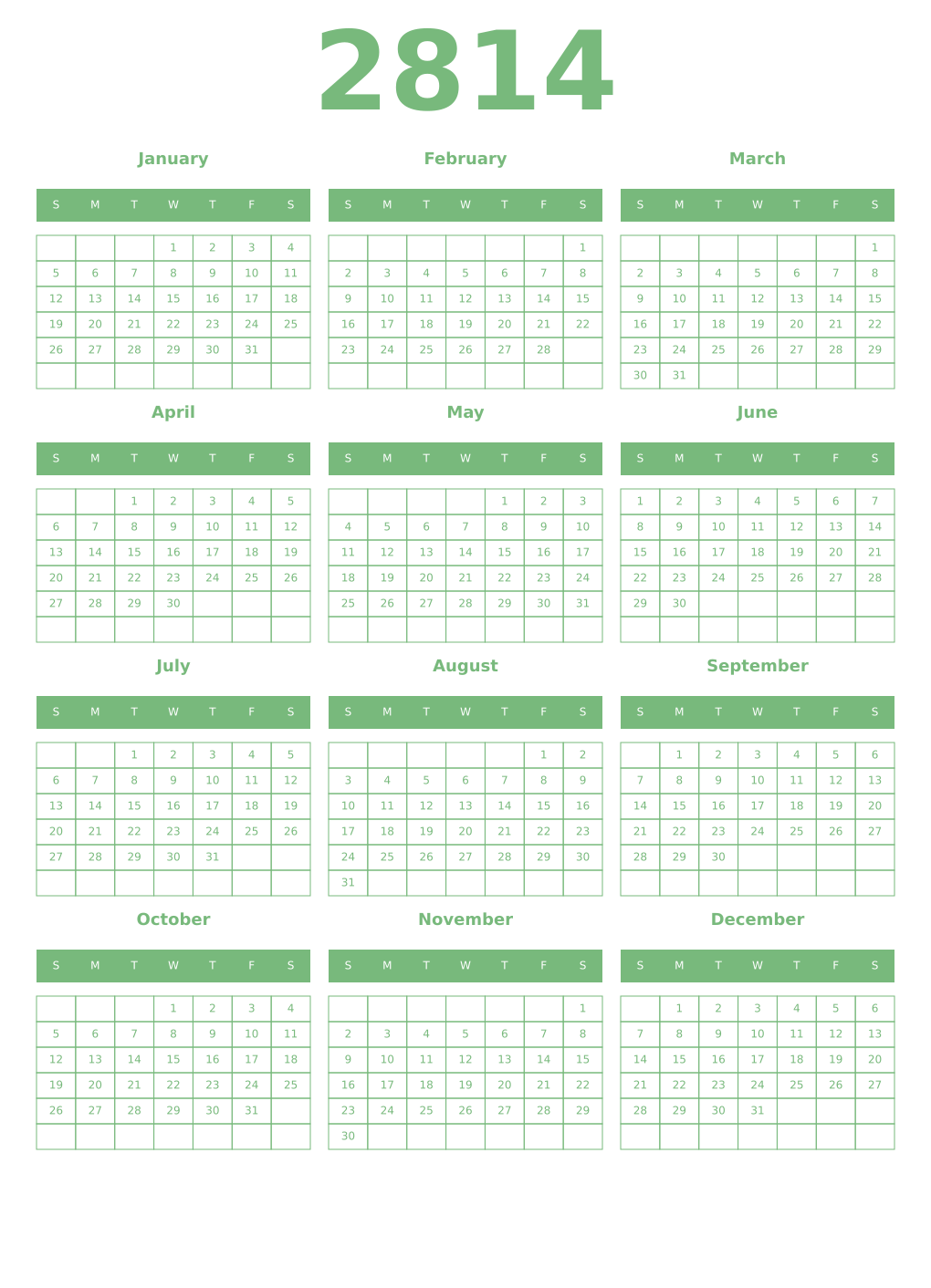Printable 2814 Year Calendars celadon