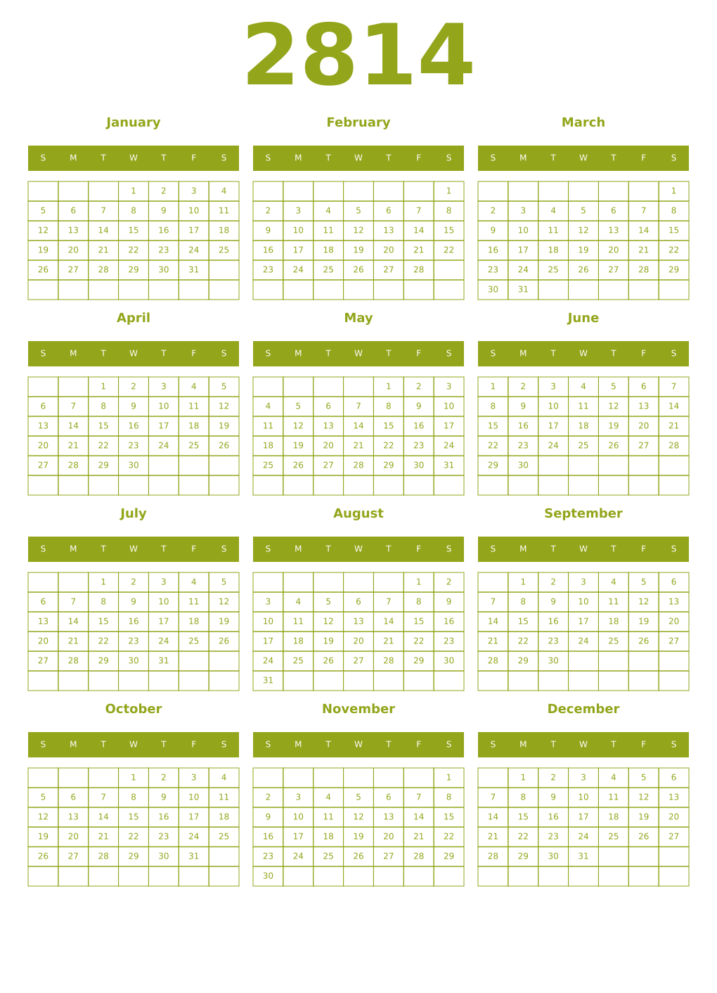 Printable 2814 Year Calendars chartreuse