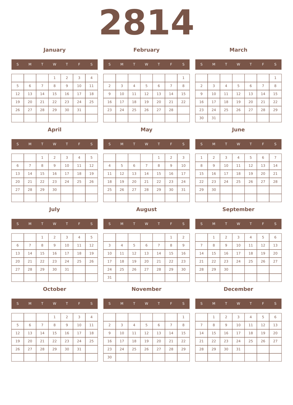 Printable 2814 Year Calendars coffe