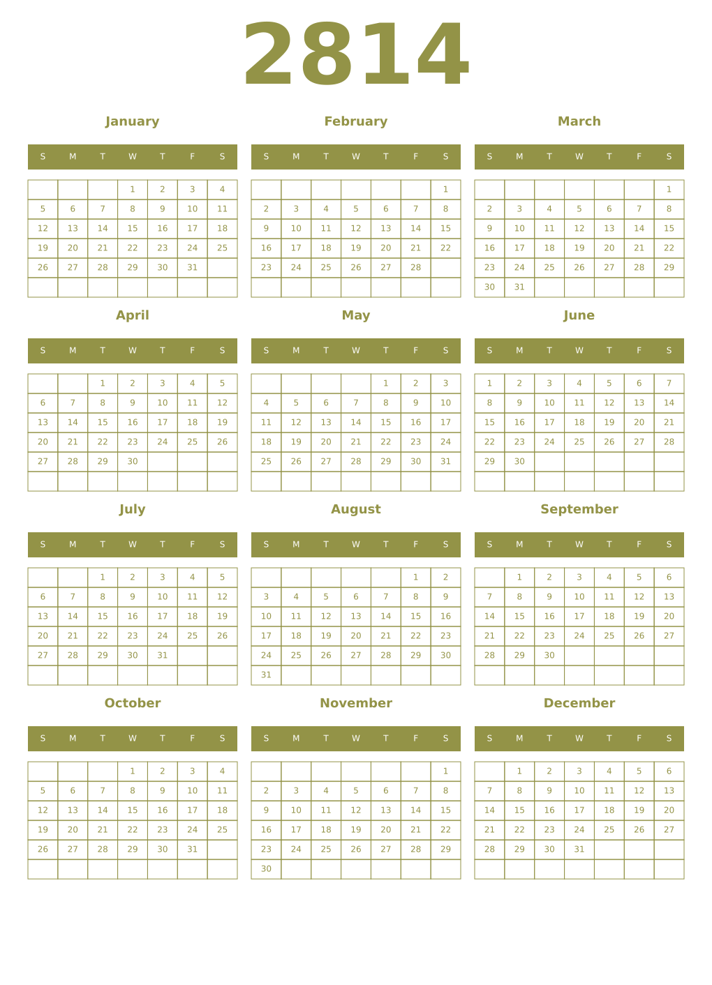 Printable 2814 Year Calendars eburnean