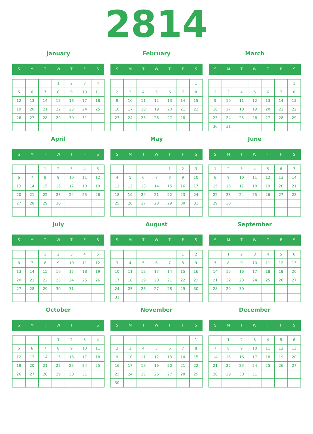 Printable 2814 Year Calendars green