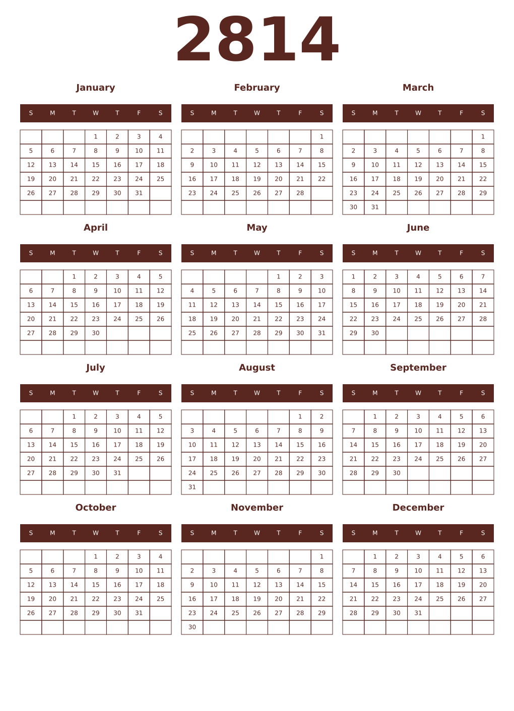 Printable 2814 Year Calendars mortuum