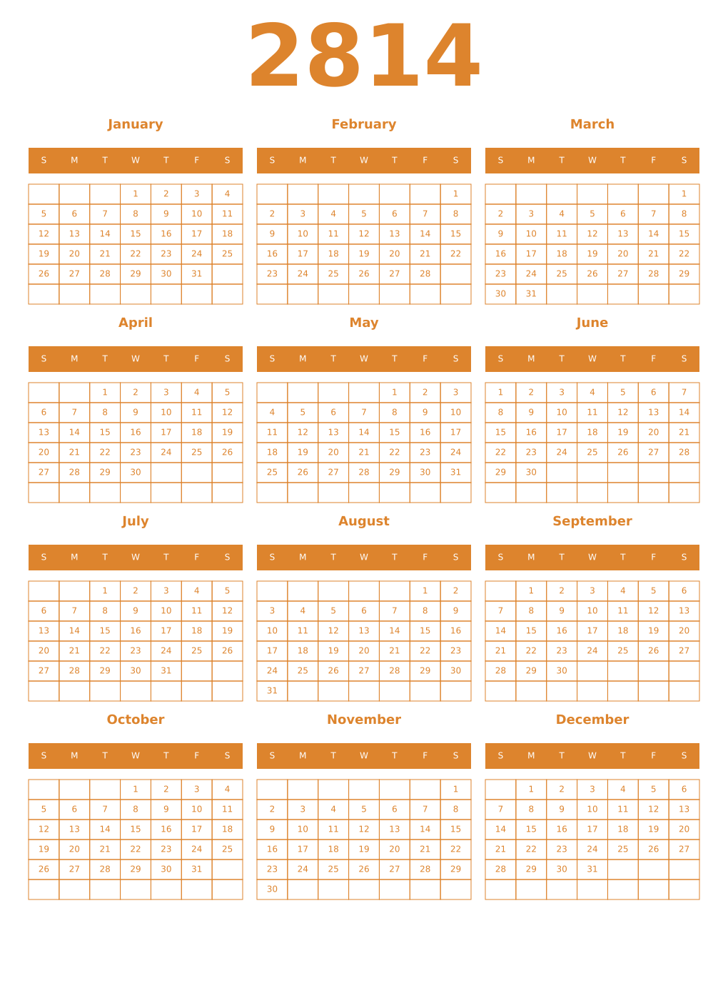 Printable 2814 Year Calendars orange