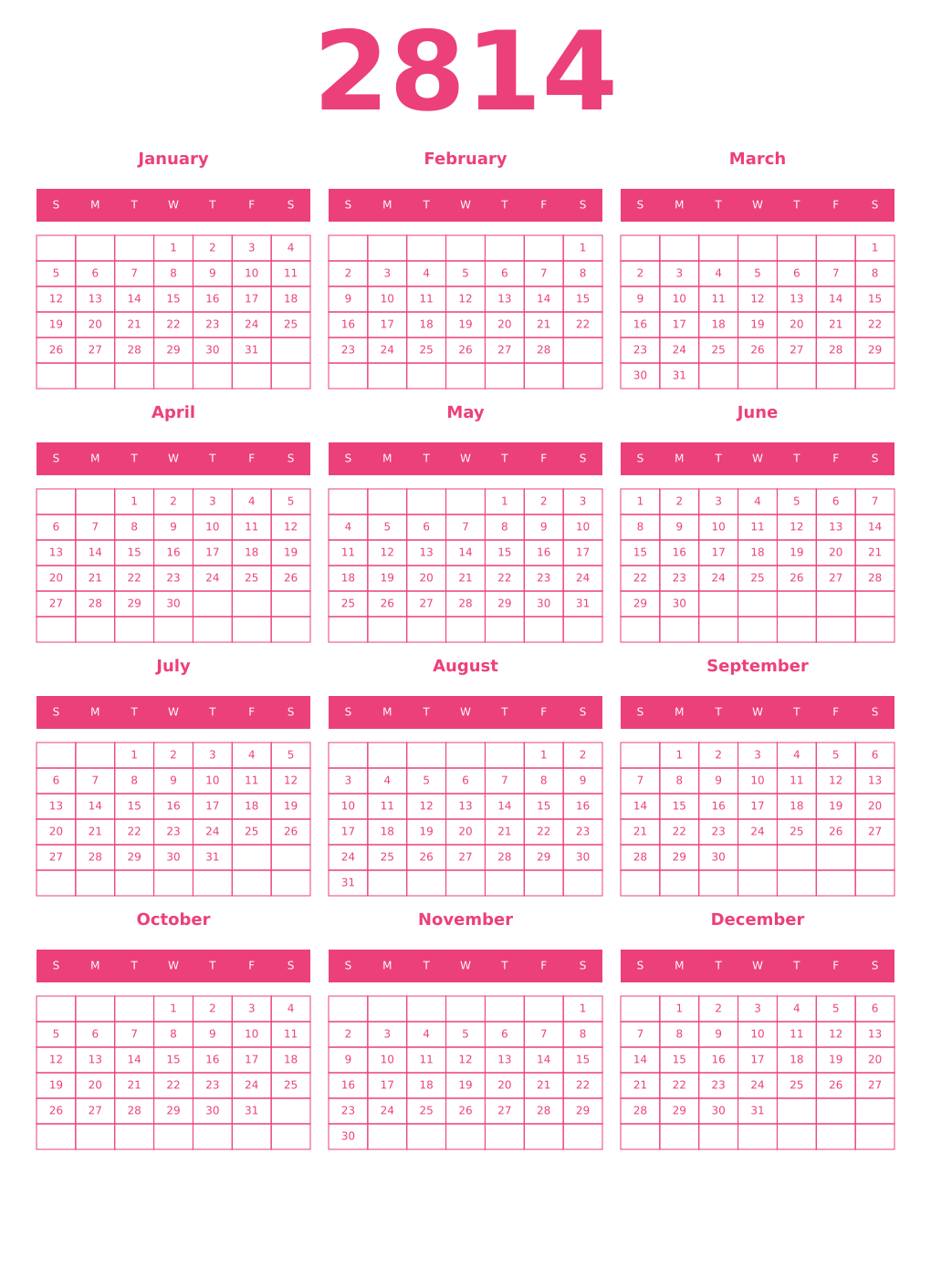 Printable 2814 Year Calendars pink