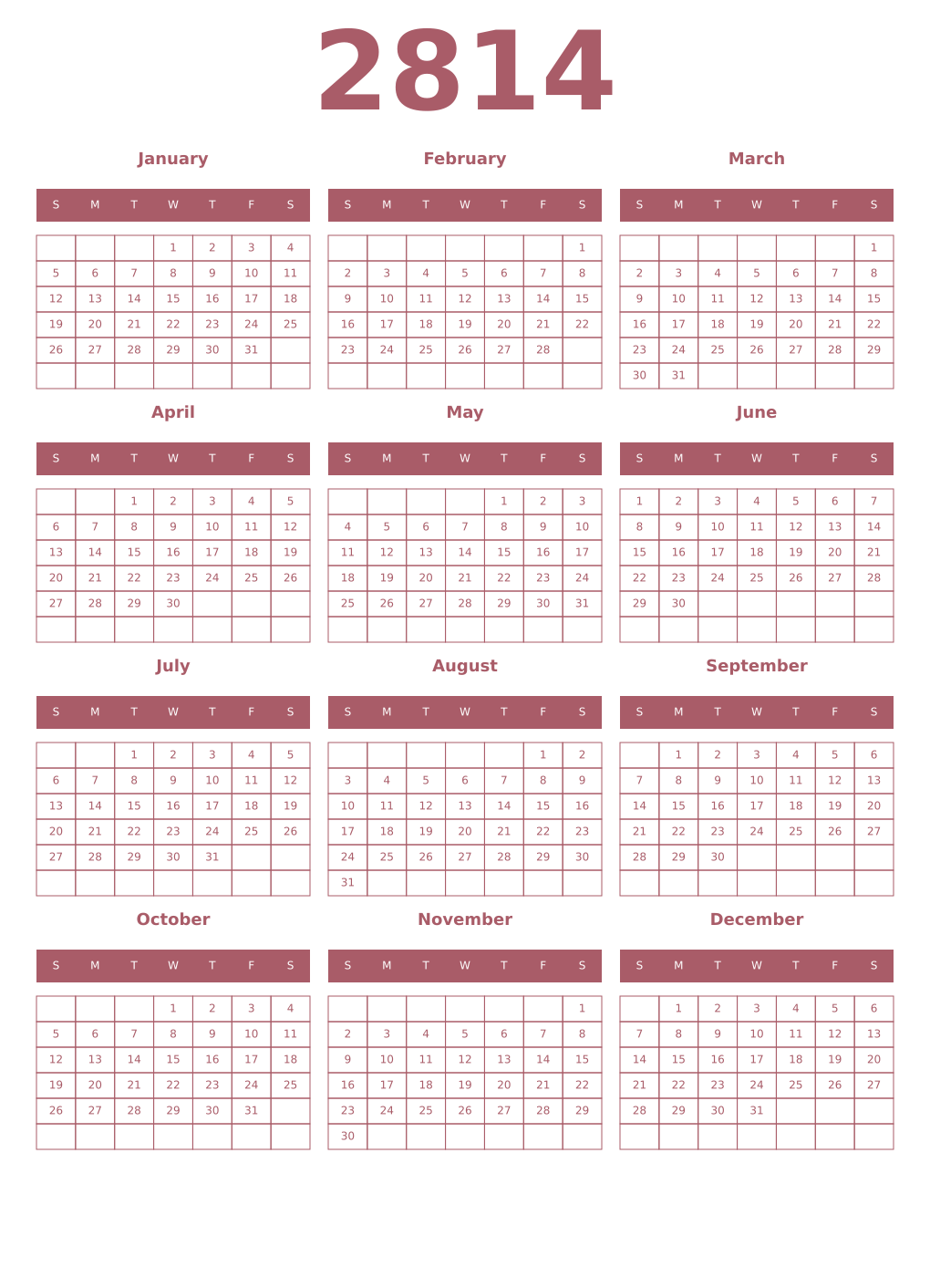 Printable 2814 Year Calendars puce