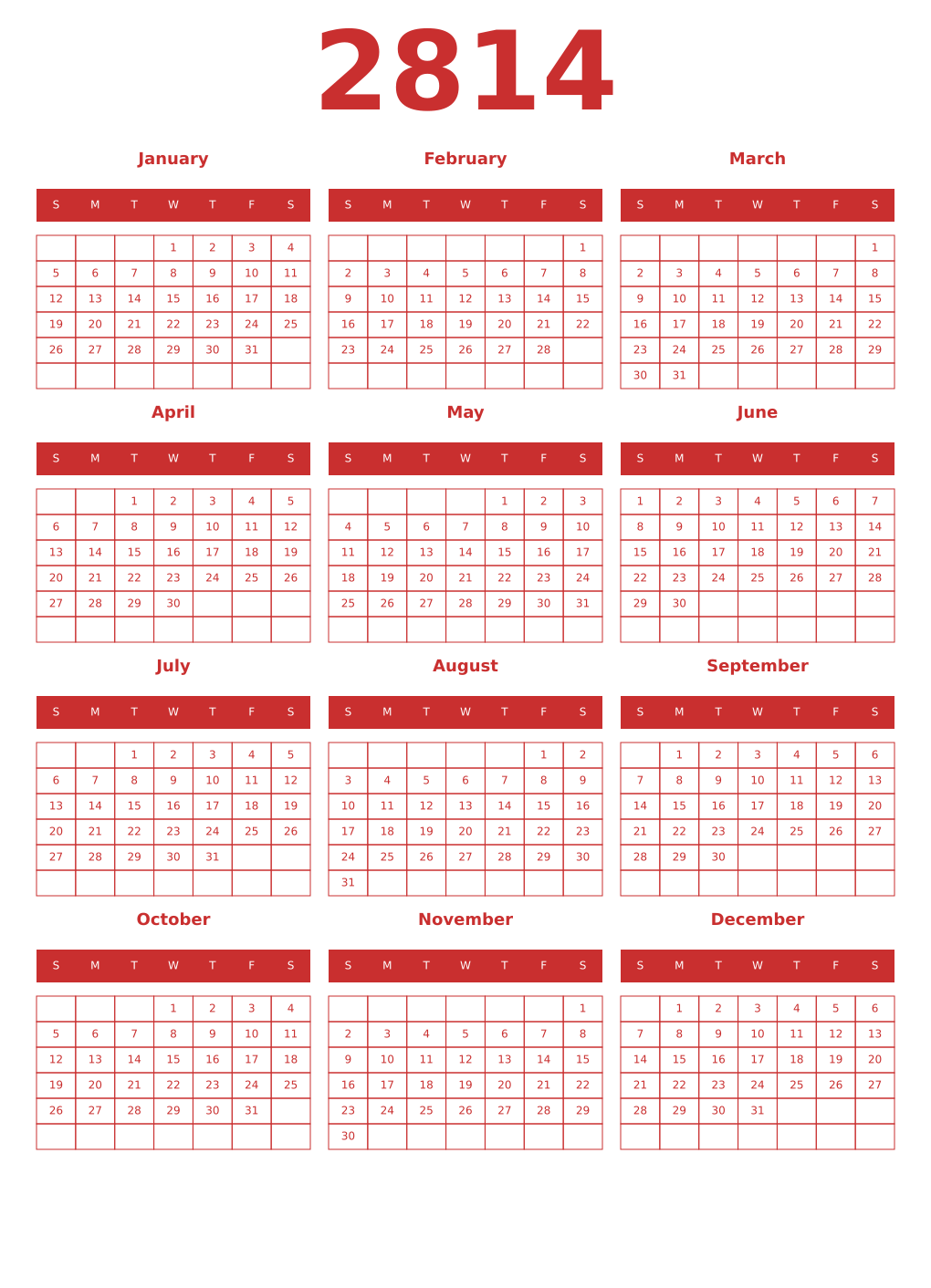 Printable 2814 Year Calendars red