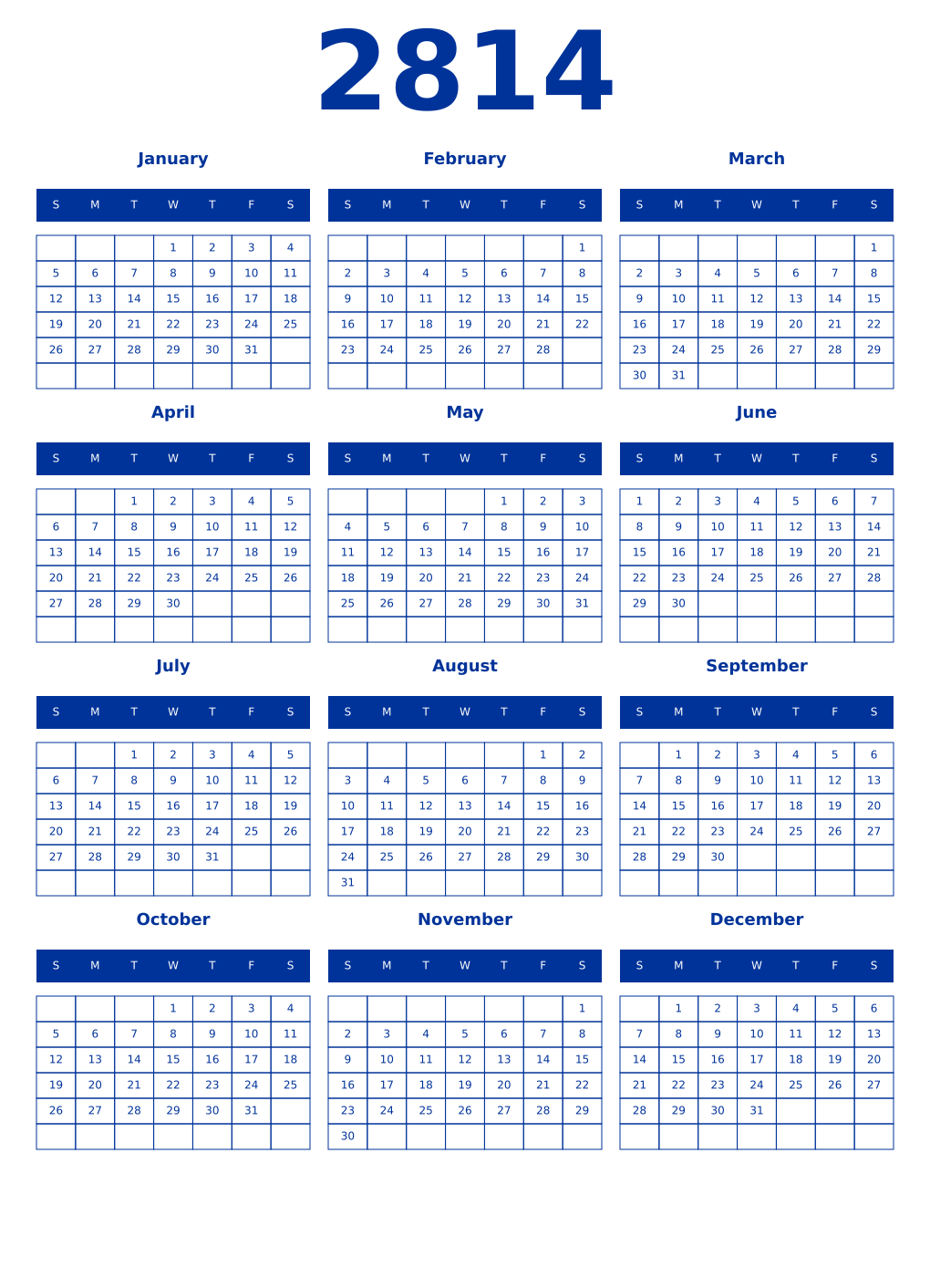 Printable 2814 Year Calendars smalt