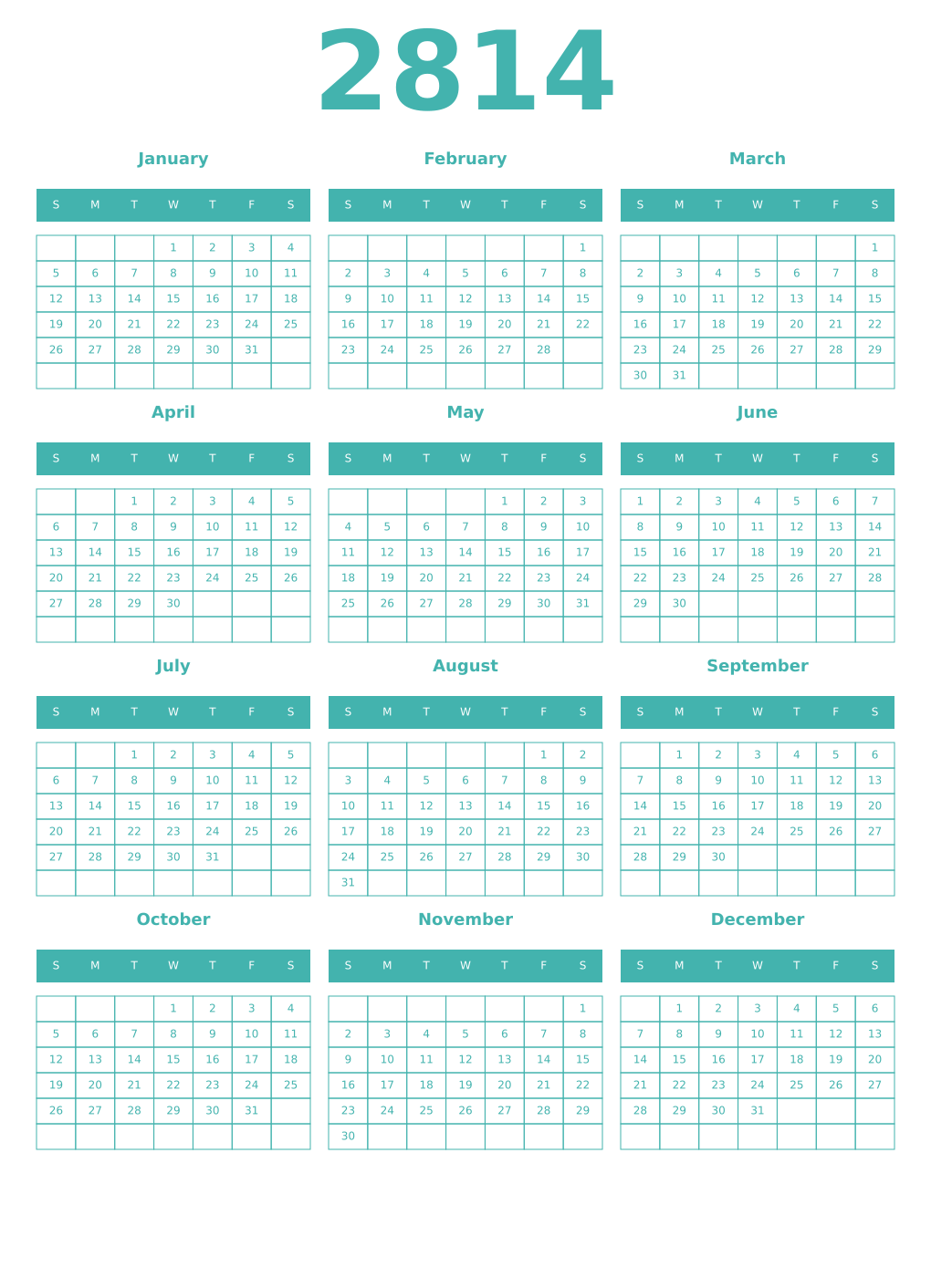 Printable 2814 Year Calendars verdigris