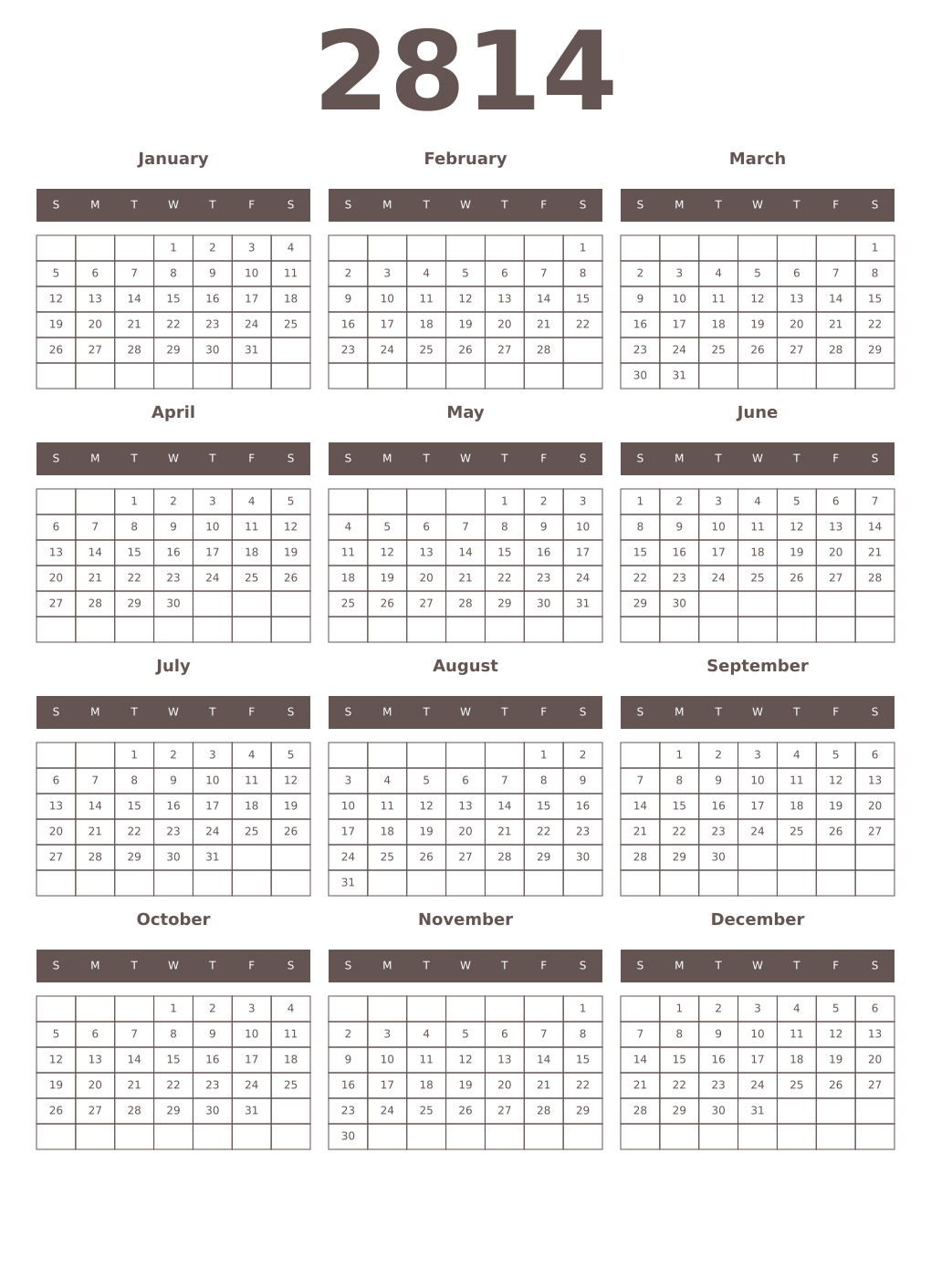 Printable 2814 Year Calendars wenge
