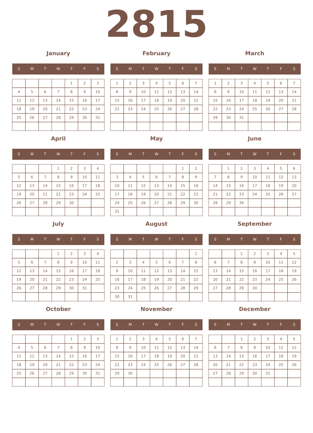 Printable 2815 Year Calendars coffe