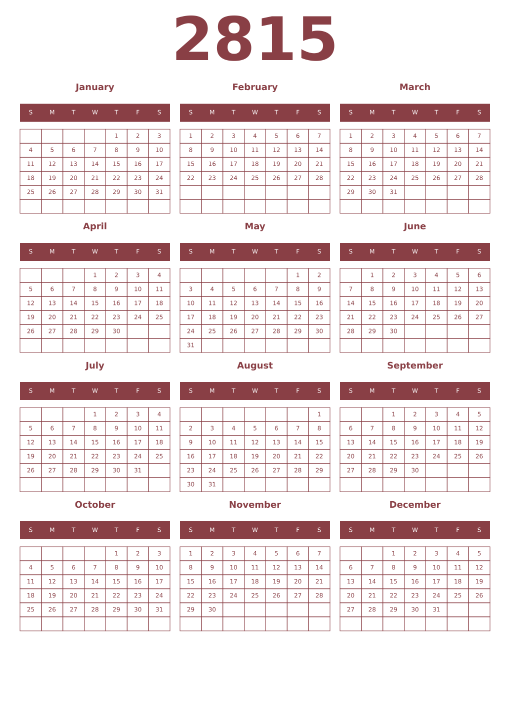 Printable 2815 Year Calendars cordovan