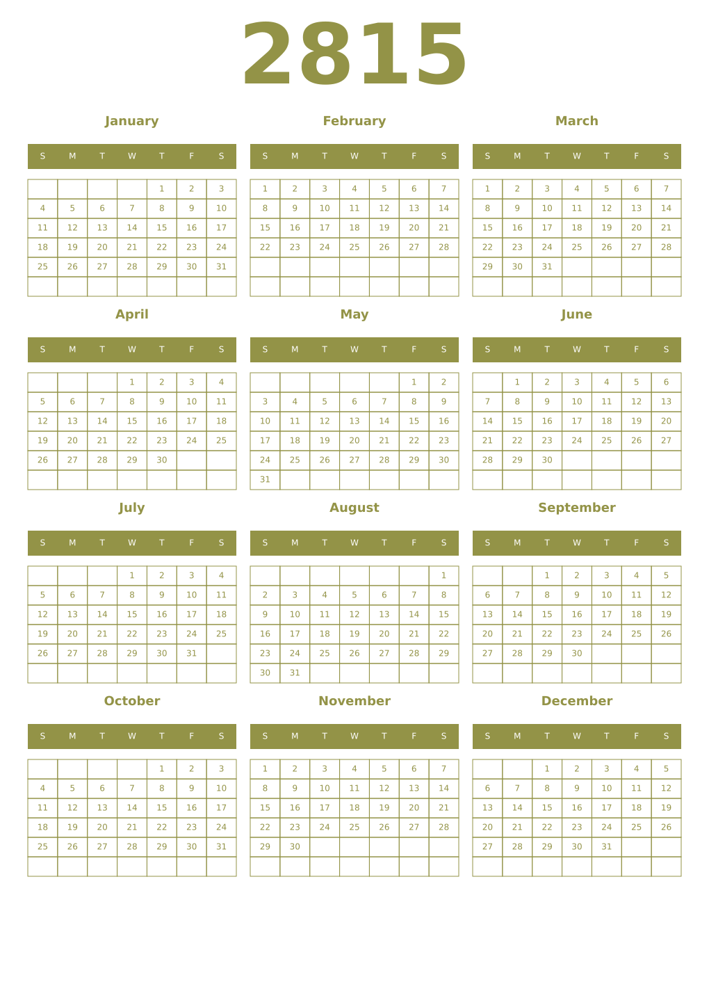 Printable 2815 Year Calendars eburnean