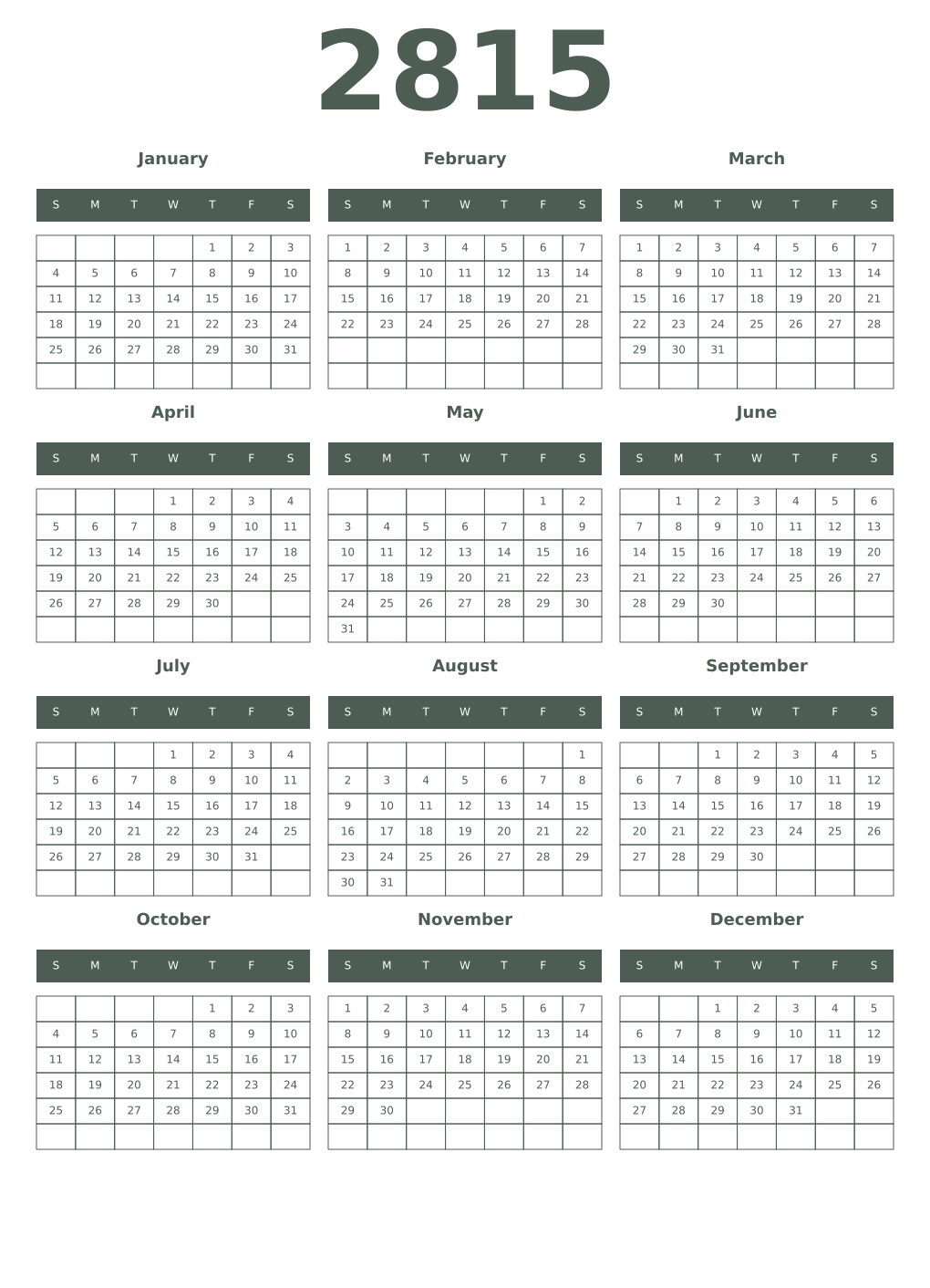 Printable 2815 Year Calendars feldgrau