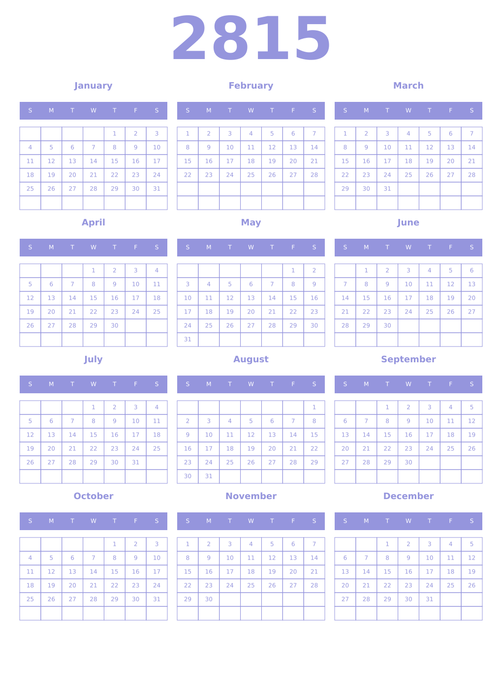 Printable 2815 Year Calendars periwinkle