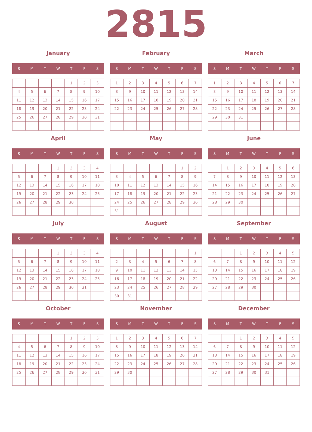 Printable 2815 Year Calendars puce