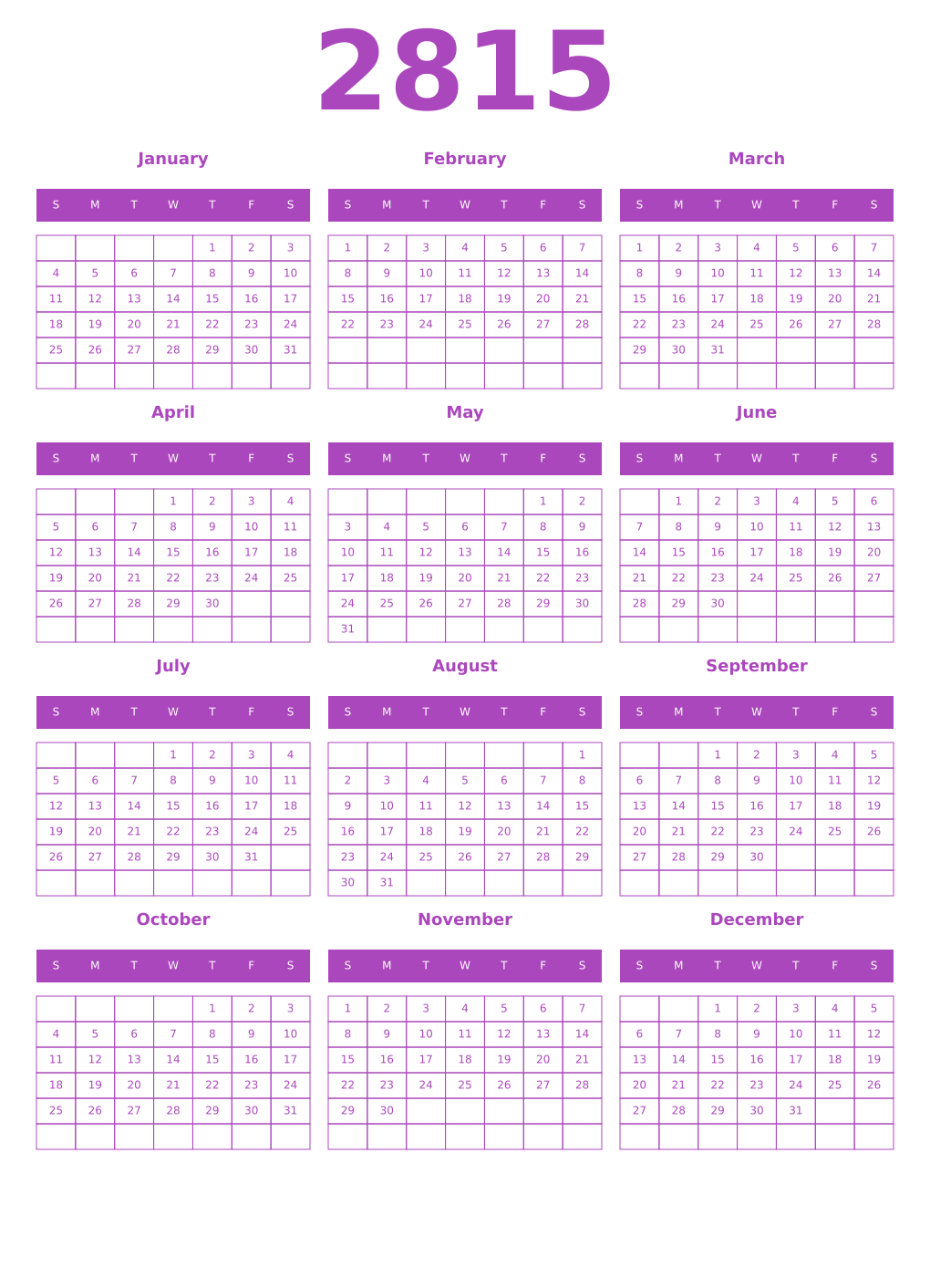 Printable 2815 Year Calendars purple