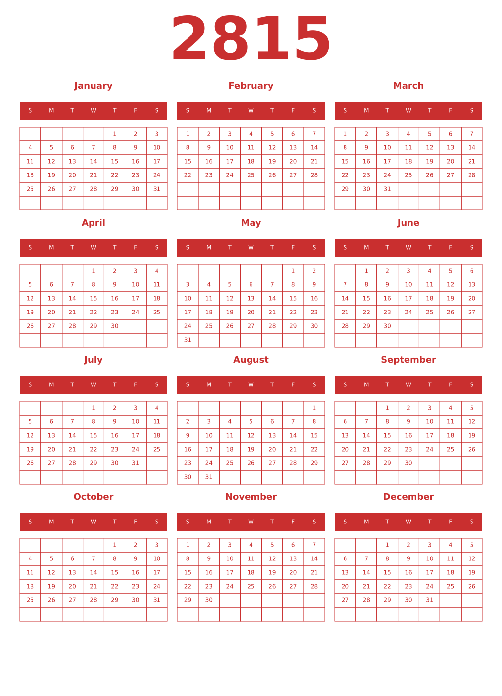 Printable 2815 Year Calendars red