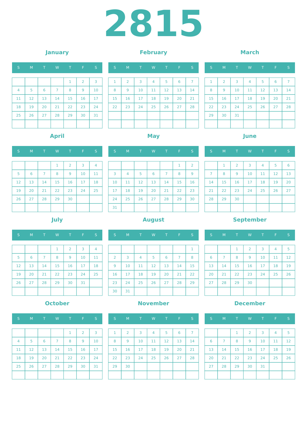 Printable 2815 Year Calendars verdigris