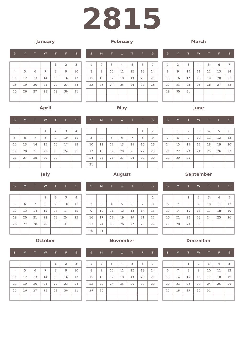 Printable 2815 Year Calendars wenge