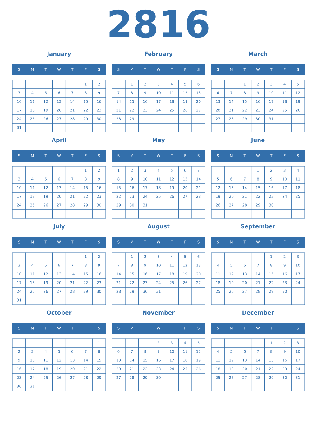 Printable 2816 Year Calendars blue