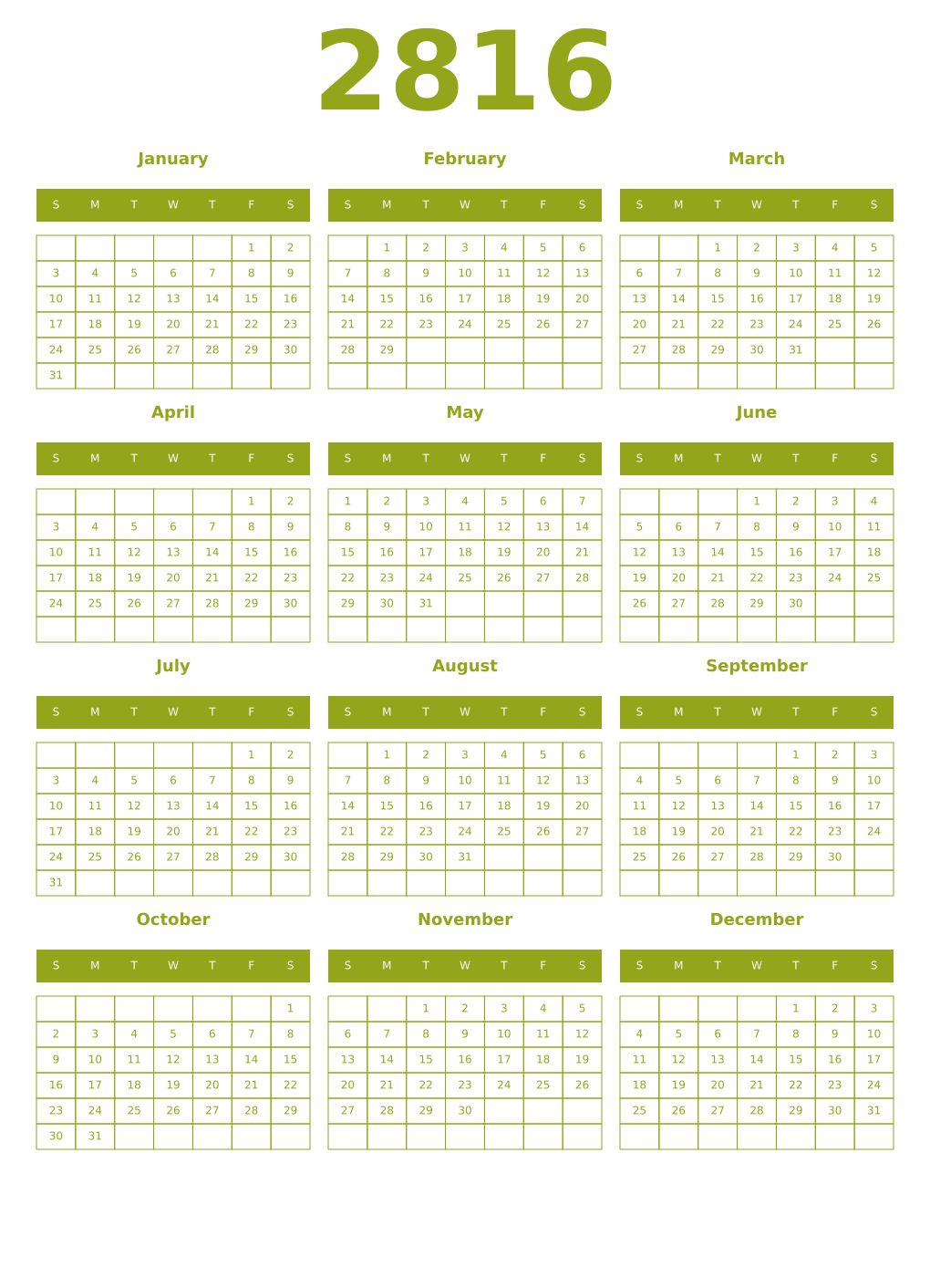 Printable 2816 Year Calendars chartreuse