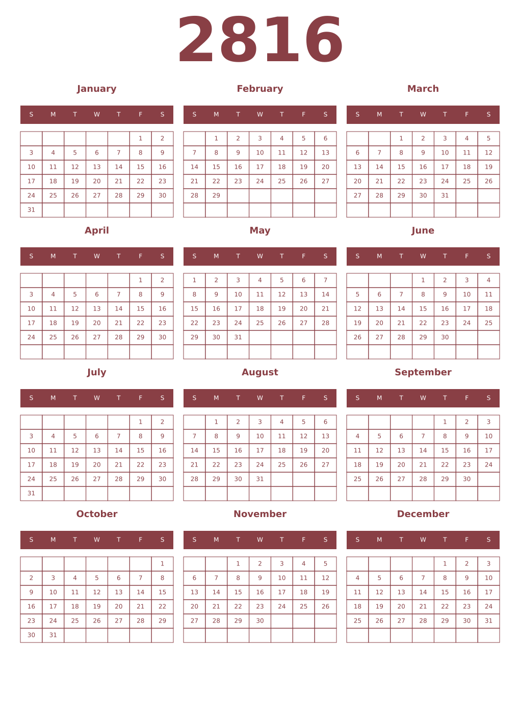 Printable 2816 Year Calendars cordovan