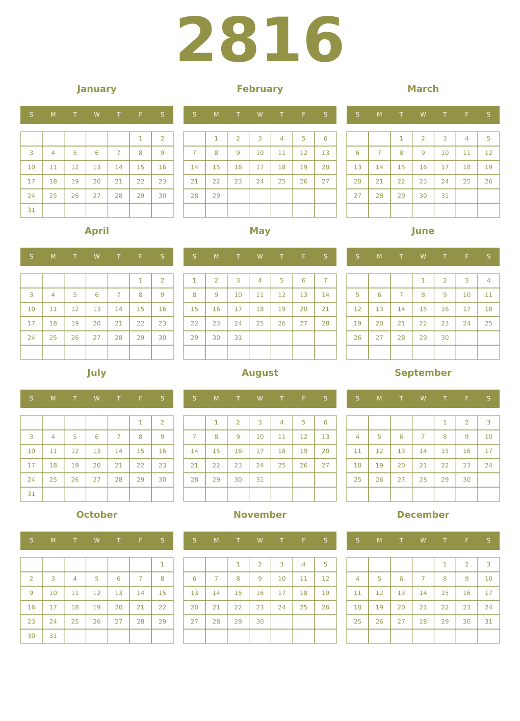 Printable 2816 Year Calendars eburnean