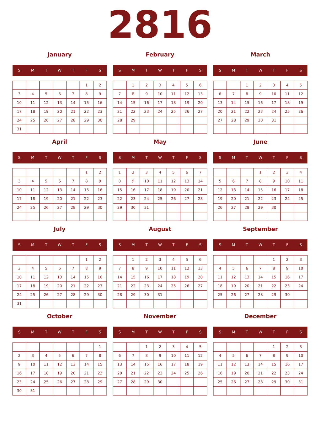 Printable 2816 Year Calendars falu