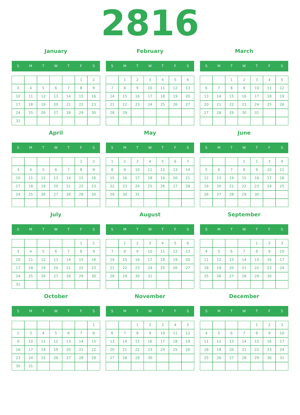 Printable 2816 Year Calendars green