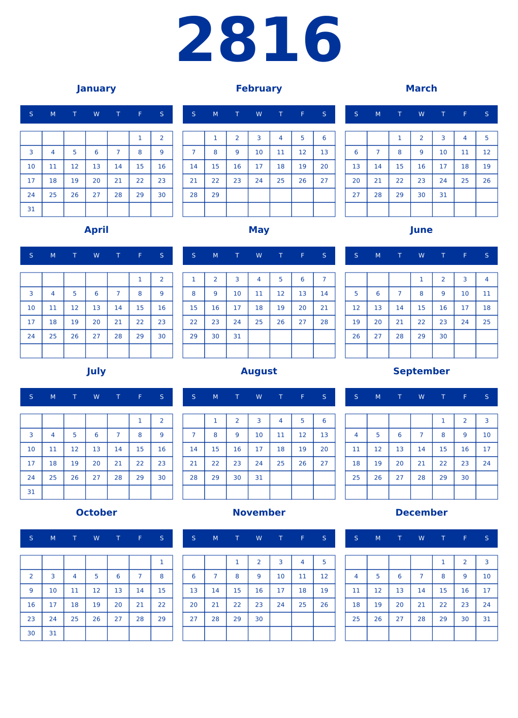 Printable 2816 Year Calendars smalt