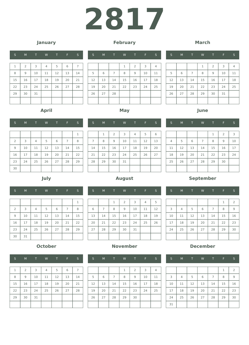 Printable 2817 Year Calendars feldgrau