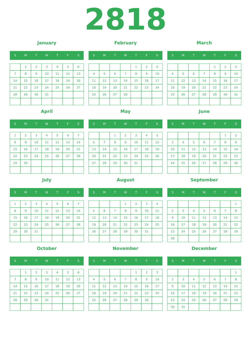 Printable 2818 Year Calendars green