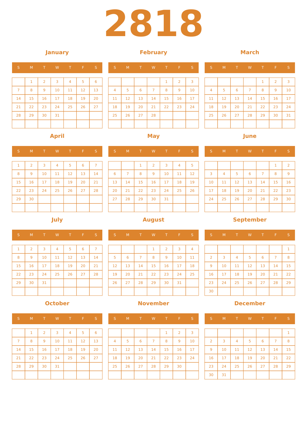 Printable 2818 Year Calendars orange